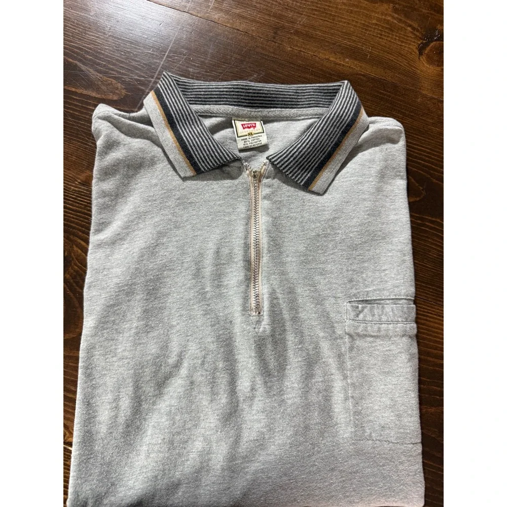 VTG Levis Mens XL‎ Gray Quarter Zip Polo Shirt Striped Collar Short Sleeve